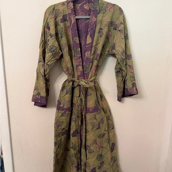 Green and Purple Cotton Gauze Kimono Robe - Picture 2 of 5